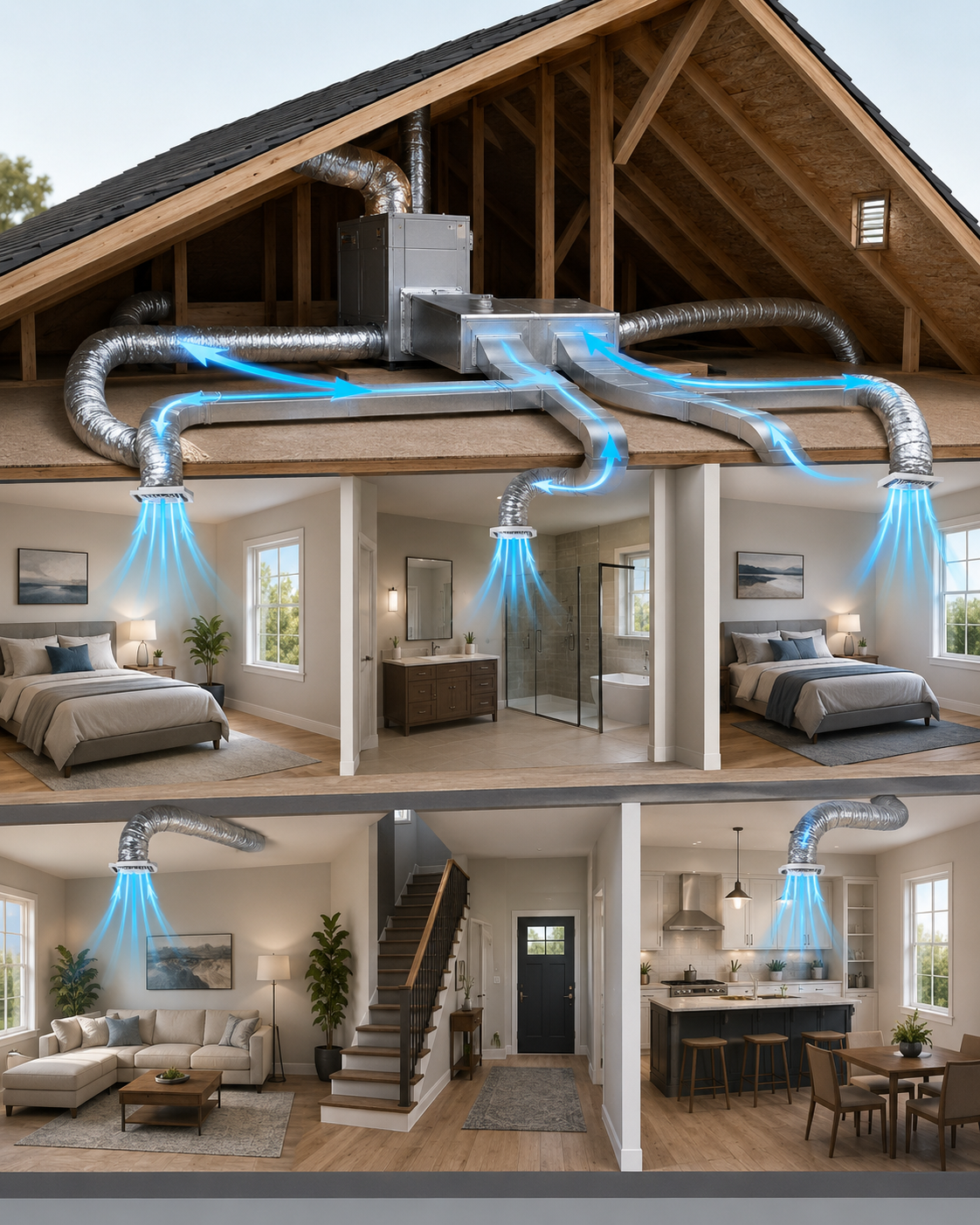Air duct airflow system showing conditioned air moving through HVAC ductwork to rooms in a Gilbert AZ home