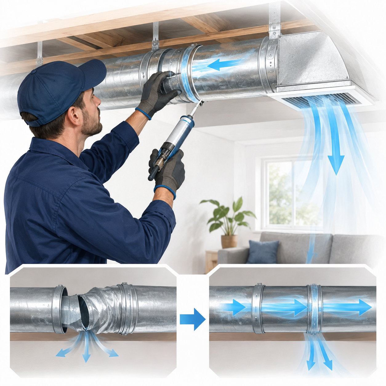 A technician pointing to a clogged dryer vent on a wall while reviewing service recommendations on a clipboard with a homeowner. A circular badge with a clipboard checklist icon appears in the foreground.