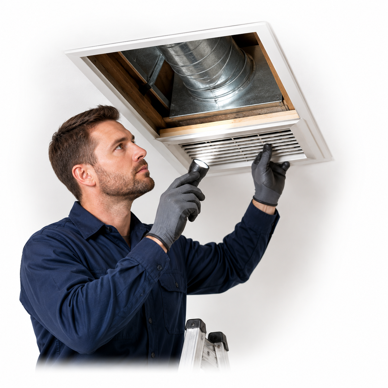 An HVAC service technician uses a digital vane anemometer and a probe to measure the airflow in Cubic Feet per Minute (CFM) from a wall vent during an inspection. The digital meter displays '68 CFM' and '82.3°F.' A fan icon is visible in a blue circle in the foreground.